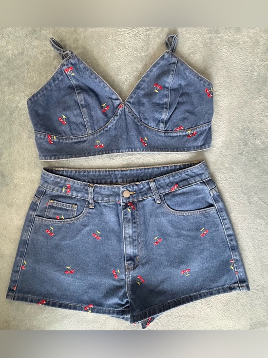 SHEIN Tops - SHEIN Cherry Embroidered Denim 2-Piece Set Crop Top & Shorts Size L